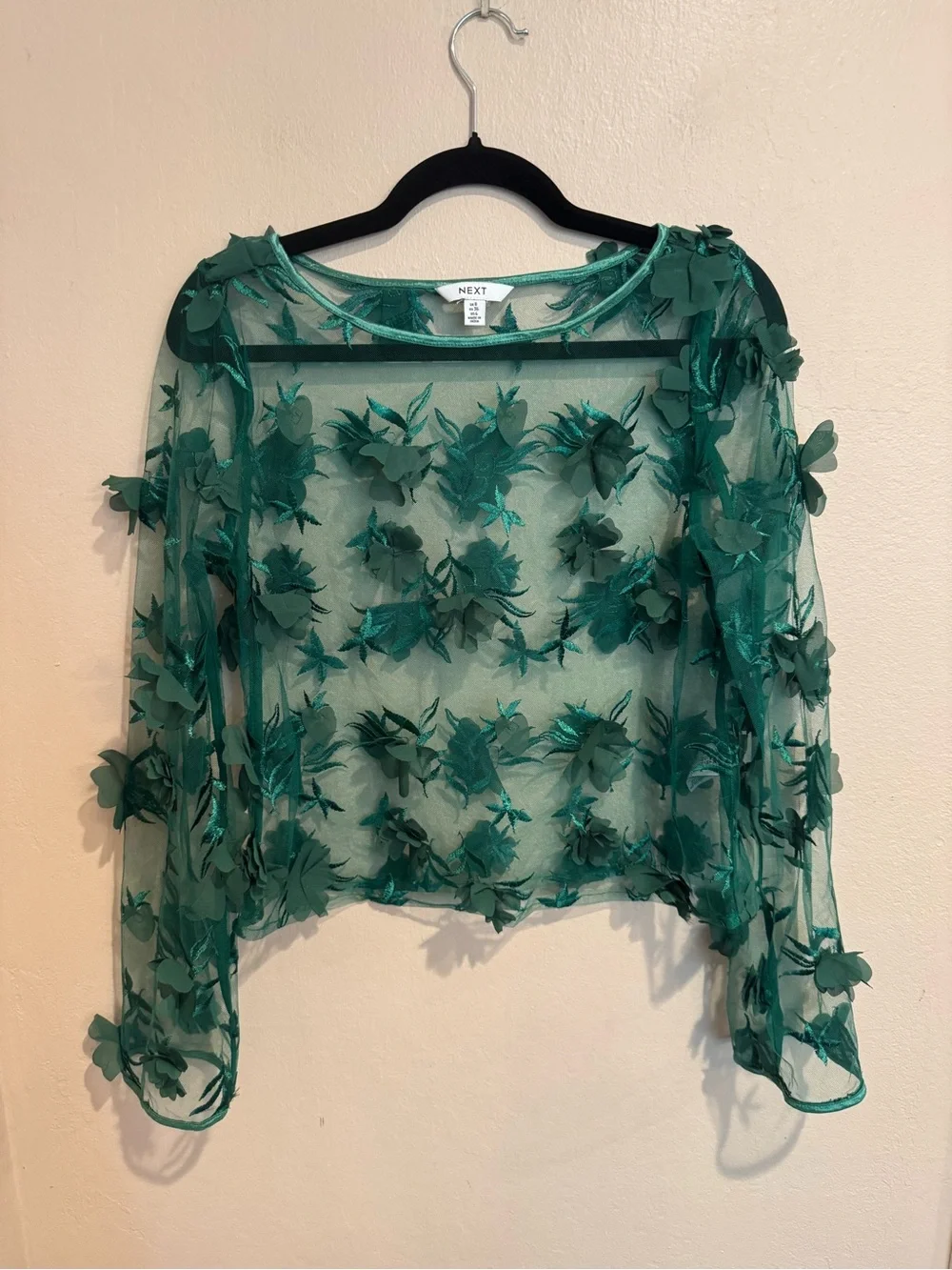 NEXT Green Sheer Floral 3D Appliqué Blouse Poison Ivy / Fairy Flowers - Picture 1 of 7